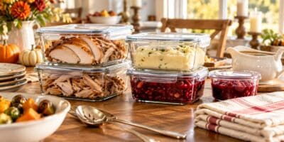 A cleared Thanksgiving table with packed glass containers of turkey, potatoes and cranberry sauce stacked ready for the fridge