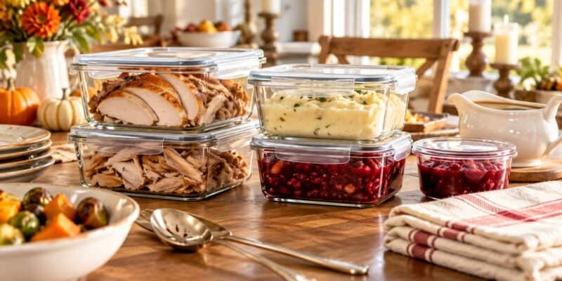 A cleared Thanksgiving table with packed glass containers of turkey, potatoes and cranberry sauce stacked ready for the fridge