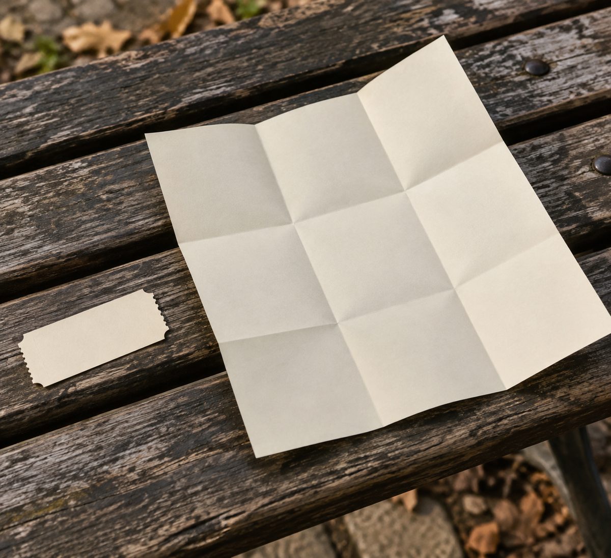 A blank ticket stub and an unfolded, creased sheet of paper on a wooden bench.