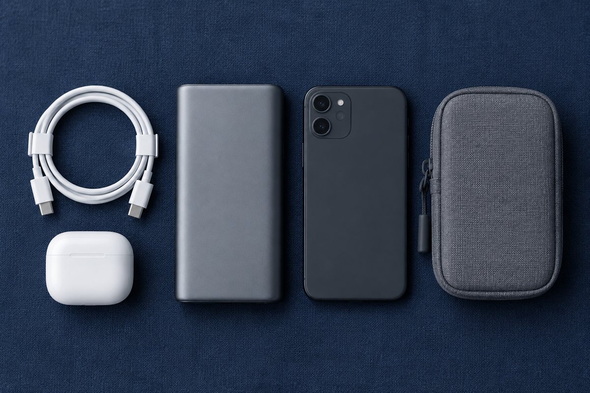 A charging cable, power bank, earbuds case and face-down phone laid out on navy fabric