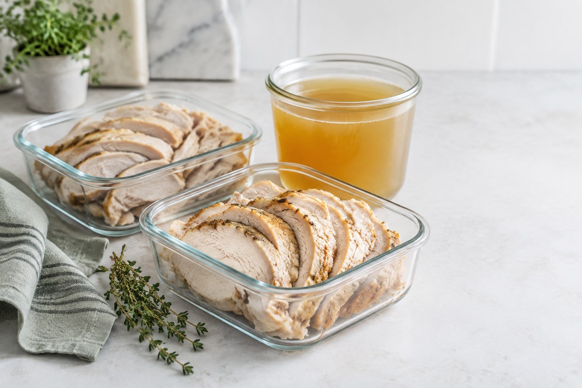 Sliced cooked turkey in two glass containers beside a glass jar of golden stock on a kitchen counter