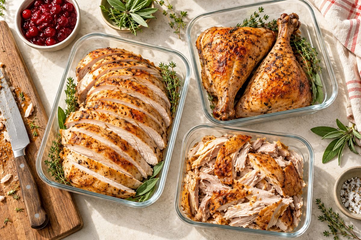 Carved turkey breast and legs portioned into shallow clear containers beside a cutting board and knife