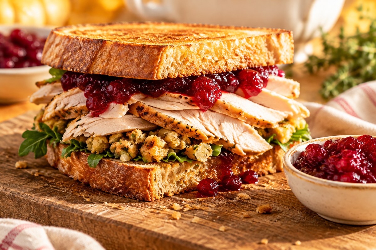 A stacked turkey sandwich on a wooden board beside a small dish of cranberry sauce in morning light