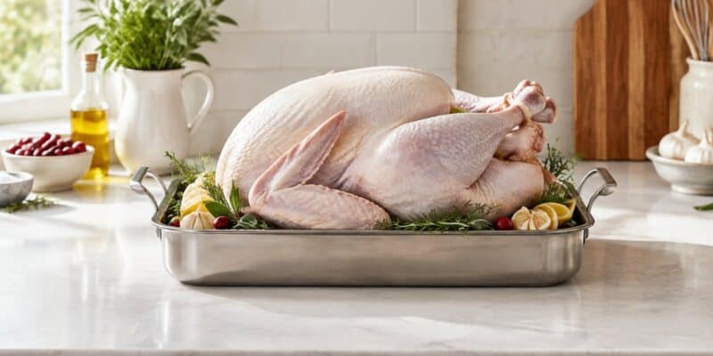 Whole raw turkey in a shallow metal roasting pan with herbs, lemon and garlic on a kitchen counter