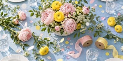 Reception table being decorated with pink and yellow flowers, ribbon and confetti