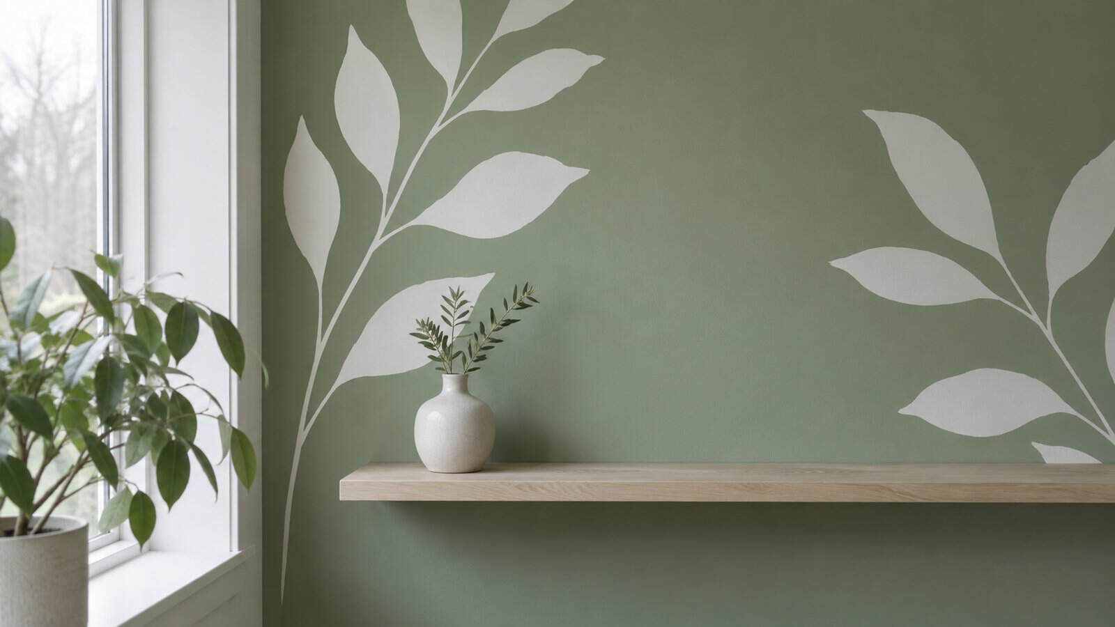 A white vinyl wall decal of large leaf silhouettes on a sage-green wall above a pale wooden shelf with a small white vase, beside a window with a potted plant